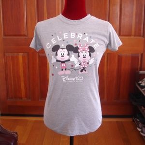 DISNEY Juniors' 100th Anniversary Size Small Mickey & Minnie Fitted Gray Tee